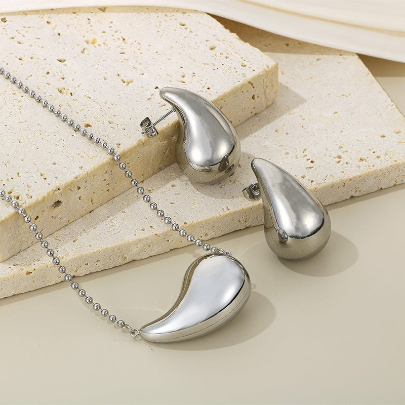 Wholesale Fashion High-end Design Chubby Water Drop Earrings Stainless Steel Hollow Necklace Temperament All-match Set